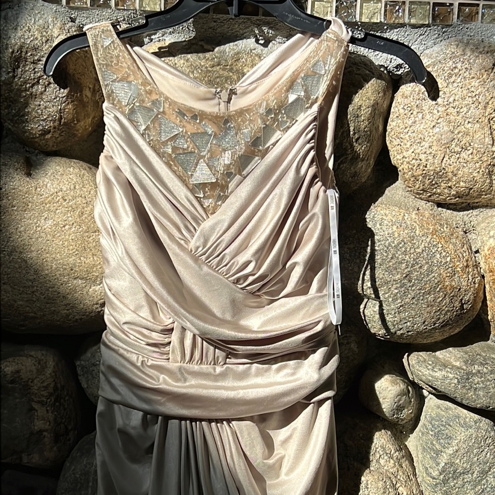 Butterfly hem champagne colored cocktail dress